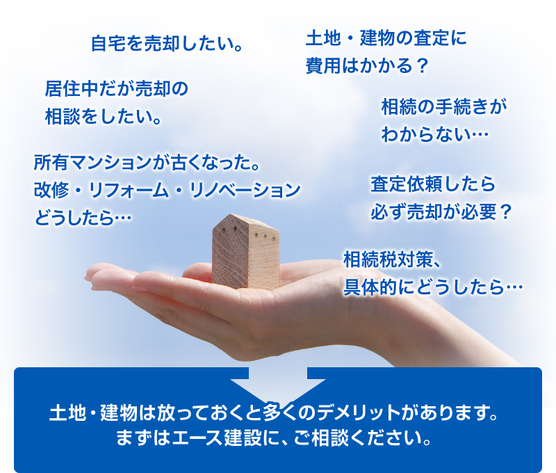 土地建物はほっておくと多くのデメリットがあります。まずはエース建設にご相談ください。